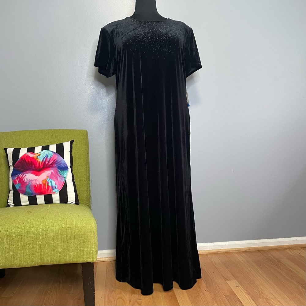 JR Nites Vintage Black Velvet Beaded Short Sleeve Maxi Dress NEW 24W